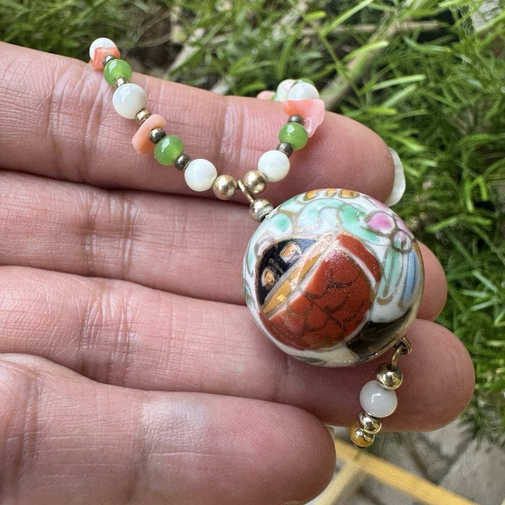 Vintage Pendant Necklace 16 Inch‎ Cloisonne Porcelain Glass Shell Beads Multi - Picture 4 of 8